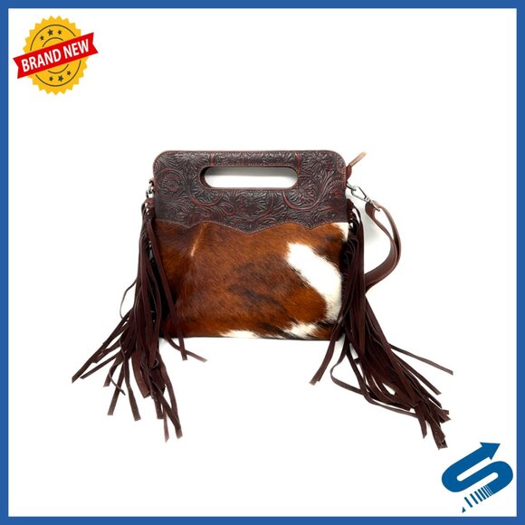 Concealed Carry Leather Western Floral Tool Cowhide Womens  Genuine Leather Crossbody Clutch with Fringe, Multiple Pockets, Concealed Carry